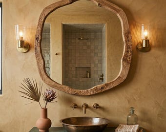Rustic Bathroom Mirror Organic Wood Vanity Accent Handcrafted Statement Decor Luxury Wall Piece
