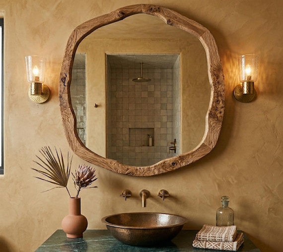 Rustic Bathroom Mirror Organic Wood Vanity Accent Handcrafted Statement Decor Luxury Wall Piece