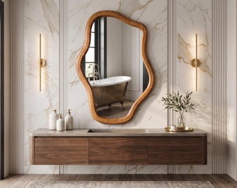 Handmade Modern Wall Decor, Irregular Bathroom Mirror, Organic Wood Mirror, Asymmetrical Vanity Miror,