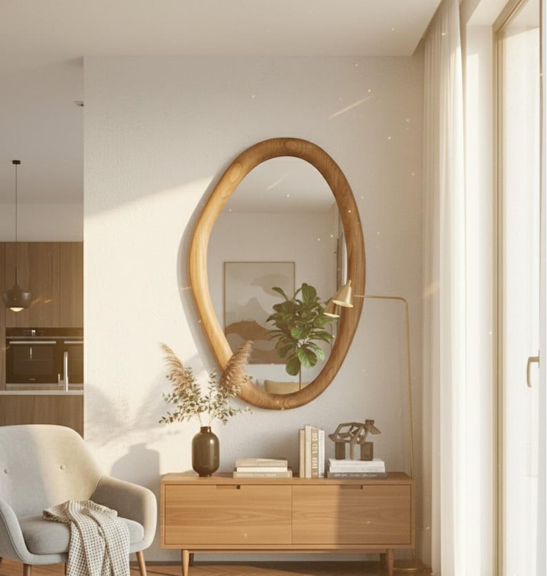May include: An oval wooden mirror with a natural wood grain finish hangs on a white wall. Below the mirror is a wooden cabinet with decor, including books, a plant, and a lamp. A gray armchair and a kitchen are visible in the background.