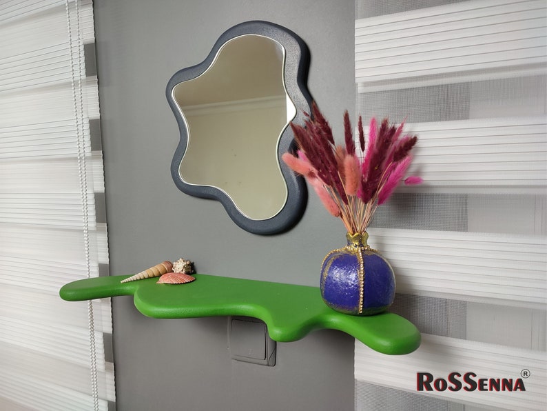 Colorful Shelf and Mirror Set , Unique Mirror, Floating Shelf, Wavy Shelf and Mirror Set. image 6