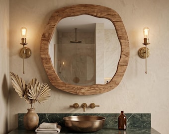 Organic Oak Vanity Mirror, Irregular Bathroom Wall Decor, Handmade Rustic Statement Accent,