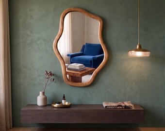 Organic Modern Wall Mirror Irregular Oak Statement Decor Sculptural Japandi Vanity Accent