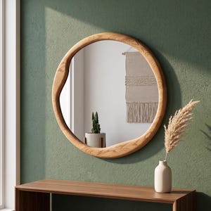 May include: A round wooden mirror with a unique, organic shape. The mirror is set against a textured green wall, with a wooden console table below. A vase with dried flowers and a small cactus in a pot are on the table.