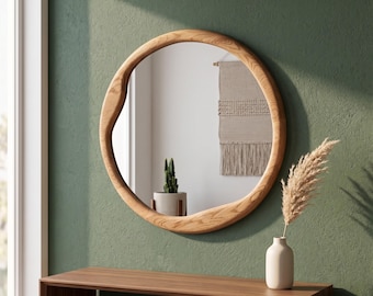 Espejo de pared de roble orgánico, espejo de madera asimétrico, decoración moderna para la entrada.