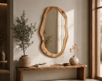 Asymmetrical Wooden Mirror Handmade Organic Shape Rustic Wall Decor
