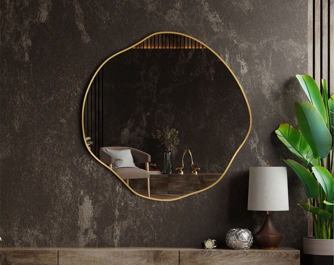 Featured listing image: Wavy Circle Mirror, Abstract Wall Mirror, Aesthetic Wall Mirror, gold mirror, home decor, livingroom mirror, living room mirror,