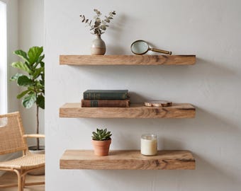 Modern Floating Shelves Set, Natural Wood Wall Decor, Thick Rustic Minimalist Style,