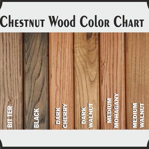 May include: A colour chart showcasing chestnut wood shades. The chart features samples labelled "BIT TER," "BLACK," "DARK CHERRY," "DARK WALNUT," "MEDIUM MOHAGANY," and "MEDIUM WALNUT." The text "CHESTNUT Wood Color CHART" is at the top.