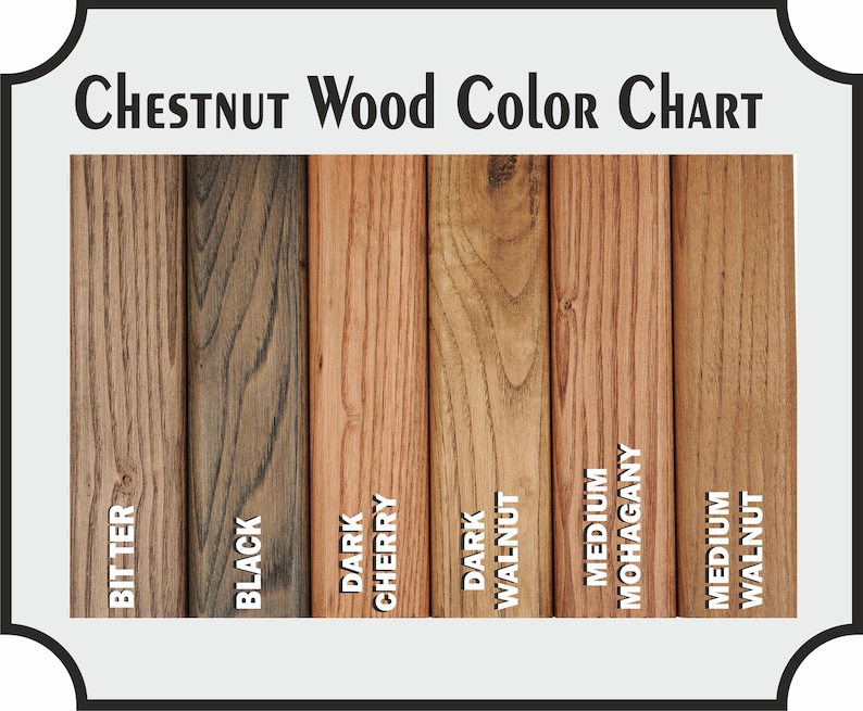 May include: A colour chart showcasing chestnut wood shades. The chart features samples labelled "BIT TER," "BLACK," "DARK CHERRY," "DARK WALNUT," "MEDIUM MOHAGANY," and "MEDIUM WALNUT." The text "CHESTNUT Wood Color CHART" is at the top.