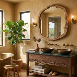 May include: A bathroom with a large, rustic wooden mirror. A dark wood vanity unit with two bronze sinks and a green countertop is below. A potted plant and a bronze bathtub are also visible.