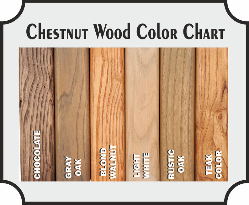 May include: A colour chart showcasing chestnut wood shades. The chart features samples labelled "Chocolate," "Gray Oak," "Blond Walnut," "Light White," "Rustic Oak," and "Teak Color." The text "Chestnut Wood Color Chart" is at the top.