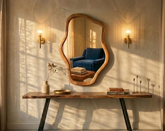 Organic Modern Bathroom Mirror, Asymmetrical Vanity Statement Decor, Irregular Wood Wall Mirror,