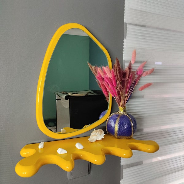 modern mirror,asymetrical mirror,,Wavy Shelf and Wavy Mirror, Unique Shelf, Curvy Shelf, Colorful Shelf, Wavy Shelf Decor and Mirror,