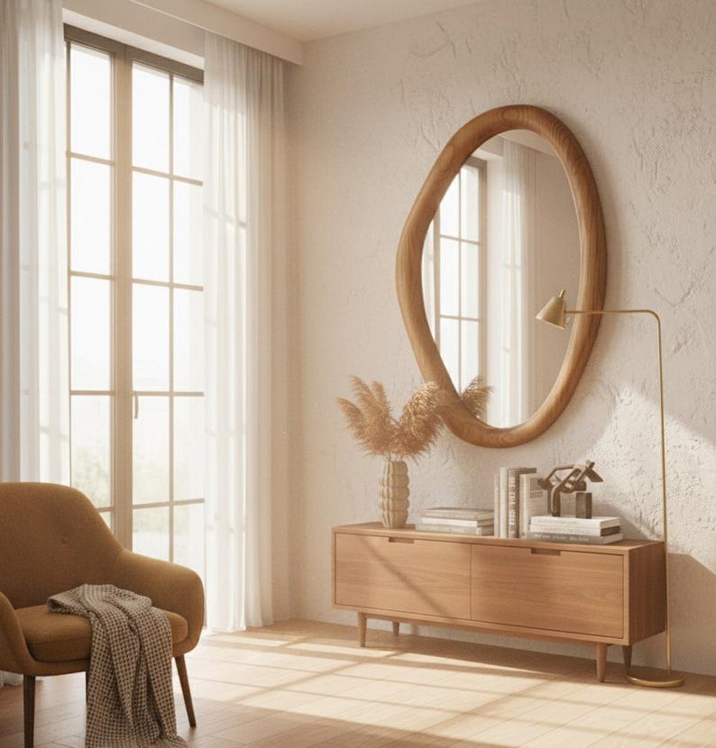 May include: A modern living room with a large, irregularly shaped wooden mirror. A wooden cabinet with books and decorative items sits below the mirror. A gold floor lamp and an upholstered chair with a blanket complete the scene.