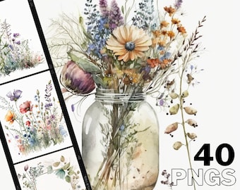 Wildflower Watercolor Clipart - 40  PNG Images, Digital Download, 300 DPI - Ideal for Crafts, Posters & More!