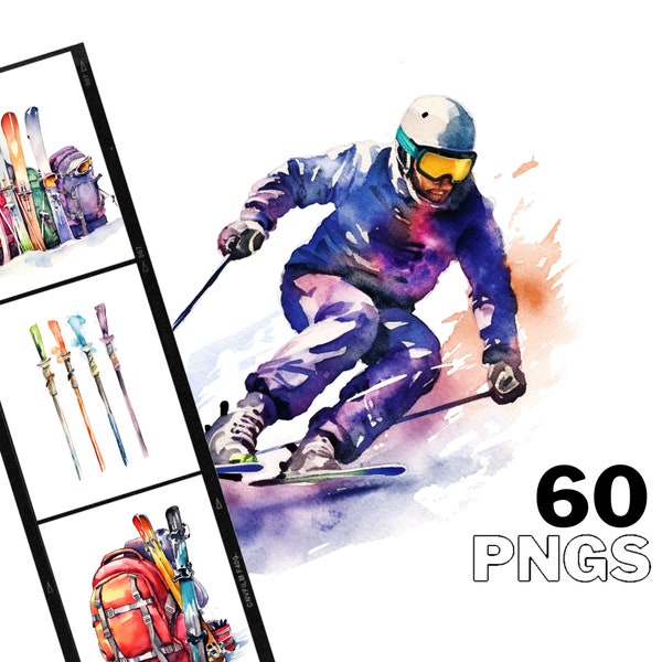 Ski Resort Holiday Watercolor Clipart - 60 PNG Images, Digital Download, 300 DPI - Ideal for Crafts, Posters & More!
