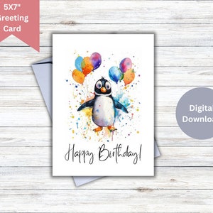 Anniversaire pingouin - carte d'anniversaire pingouin imprimable, téléchargement immédiat 5 x 7", carte de voeux amusante et fantaisiste