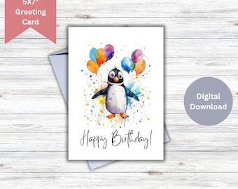 Verjaardagspinguïn - Afdrukbare pinguïnverjaardagskaart, 5 x 7" direct download, leuke en grappige wenskaart