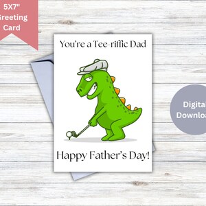 Carte de fête des pères - carte de golf dinosaure imprimable pour la fête des pères, téléchargement immédiat de 5 x 7 pouces, carte de voeux amusante et fantaisiste