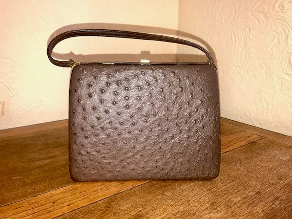 Vintage 1950s Brown Ostrich Leather Handbag by Riviera Bag. 