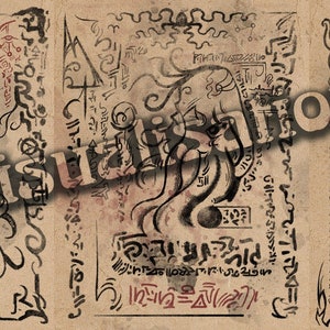 May include: A vintage, aged, parchment-like paper with a black and white illustration of a creature with tentacles. The paper is covered in handwritten text in a dark red ink. The text is in an unknown language. The paper is torn and worn.