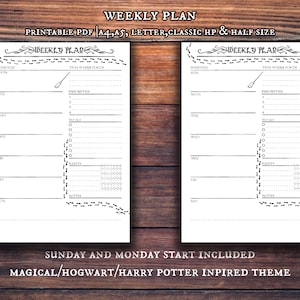 May include: Printable weekly planner with a Harry Potter theme. The planner has a black and white design with a broom and footprints. The text "Weekly Plan" is at the top of the page. The planner is available in A4, A5, Letter, Classic HP, and Half sizes.