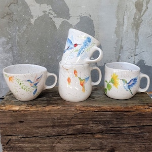 Hummingbirds Ceramic Mugs With Oak Wood Coasters • Handmade Pottery Cup • Spring Stoneware Mug Set • Garden Coffee Mug • Christmas Gift Idea