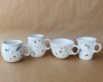 Speckled Ceramic Fairy Mugs With Oak Wood Coasters • Handmade Pottery Moon Cups • Stoneware Mug Set • Gold Coffee Mug • Christmas Gift Ideas