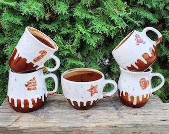 Gingerbread Cookies Ceramic Mugs With Oak Wood Coasters • Handmade Pottery Cups • Stoneware Mug Set • Xmas Coffee Mug • Christmas Gift Ideas