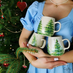 Christmas Tree Ceramic Mugs With Oak Wood Coasters • Handmade Pottery Cups • Stoneware Mug Set • Gold Xmas Coffee Mugs • Christmas Gift Idea