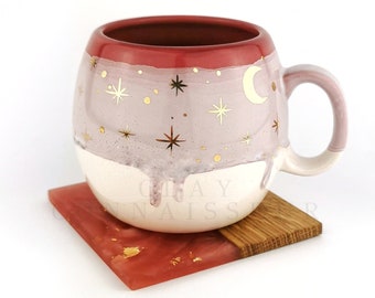 Ceramic Pink Mugs & Solid Oak Wood Coasters • Xmas Handmade Pottery Cups • Stoneware Mug Set • Coffee Christmas Mugs • Epoxy Resin Coasters