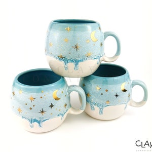 Ceramic Ice Blue Mugs & Solid Oak Wood Coasters • Xmas Handmade Pottery Cup • Stoneware Mug Set • Coffee Christmas Mug • Epoxy Resin Coaster