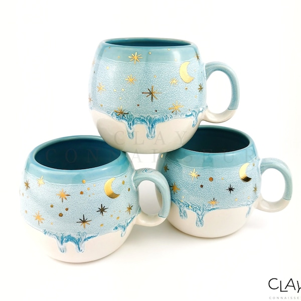 Ceramic Ice Blue Mugs & Solid Oak Wood Coasters • Xmas Handmade Pottery Cup • Stoneware Mug Set • Coffee Christmas Mug • Epoxy Resin Coaster