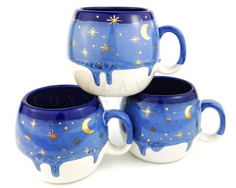 Ceramic Blue Mugs & Solid Oak Wood Coasters • Xmas Handmade Pottery Cups • Stoneware Mug Set • Coffee Christmas Mugs • Epoxy Resin Coasters
