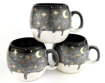 Ceramic Black Mugs & Solid Oak Wood Coasters • Xmas Handmade Pottery Cups • Stoneware Mug Set • Coffee Christmas Mugs • Epoxy Resin Coasters