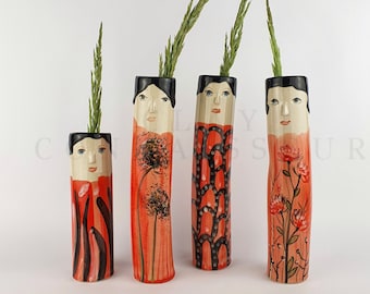 Red Family Ceramic Bud Vases • Pottery Vases For Dried Flowers • Handmade Stoneware Face Vase • Plants Lover Gift Ideas • Boho Home Decor