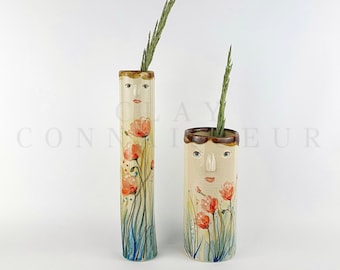 Summer Flowers Ceramic Bud Vases • Pottery Vases For Dried Flowers • Handmade Stoneware Face Vases • Plants Lover Gift • Bohemian Home Decor