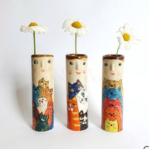 Petite Cats Ceramic Bud Vases • Pottery Vases For Dried Flowers • Handmade Stoneware Face Vases • Plants Lover Gift Ideas • Boho Home Decor
