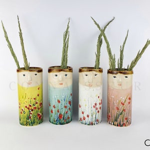 Poppy Flowers Family Ceramic Bud Vases • Pottery Vases For Flowers • Handmade Stoneware Face Vases • Plants Lover Gift • Bohemian Home Decor
