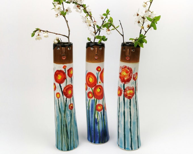 Sisters Family Keramik Knospe Vasen • Keramik Vasen für Trockenblumen • Handgemachte Steingut Gesichtsvase • Gartenliebhaber Geschenkidee • Boho Home Decor