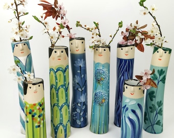 Spring Family Ceramic Bud Vases • Pottery Vases For Dried Flowers • Handmade Stoneware Face Vases • Garden Lover Gift Idea • Boho Home Decor