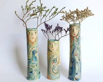 Peacock Family Ceramic Bud Vases • Pottery Vases For Dried Flowers • Handmade Stoneware Face Vase • Plants Lover Gift Idea • Boho Home Decor