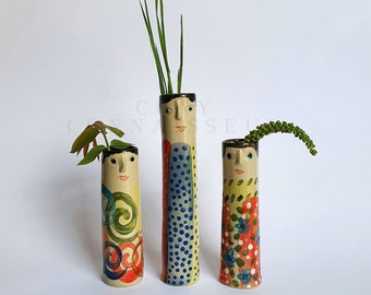 Crazy Family Ceramic Bud Vases • Pottery Vases For Dried Flowers • Handmade Stoneware Face Vases • Garden Lover Gift Idea • Boho Home Decor