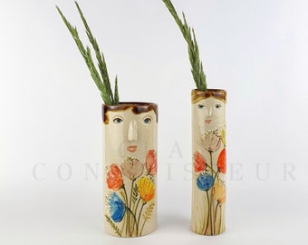 Summer Flowers Ceramic Bud Vases • Pottery Vases For Dried Flowers • Handmade Stoneware Face Vases • Plants Lover Gift • Bohemian Home Decor