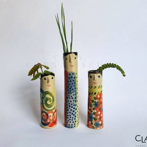 Crazy Family Ceramic Bud Vases • Pottery Vases For Dried Flowers • Handmade Stoneware Face Vases • Garden Lover Gift Idea • Boho Home Decor