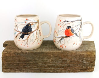 Christmas Birds Ceramic Mugs With Oak Wood Coasters • Handmade Pottery Cup • Stoneware Mug Set • Gold Xmas Coffee Mugs • Christmas Gift Idea