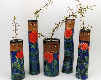 Roses Family Ceramic Bud Vases • Pottery Vases For Dried Flowers • Handmade Stoneware Face Vase • Garden Lover Gift Idea • Boho Home Decor