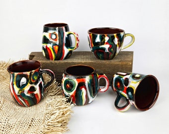 Modern Abstract Ceramic Mugs • Handmade Pottery Boho Cups • Contemporary Stoneware Mug Set • Abstraction Coffee Mugs • Christmas Gift Ideas