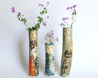 Cats Family Ceramic Bud Vases • Pottery Vases For Dried Flowers • Handmade Stoneware Face Vases • Plants Lover Gift Idea • Boho Home Decor